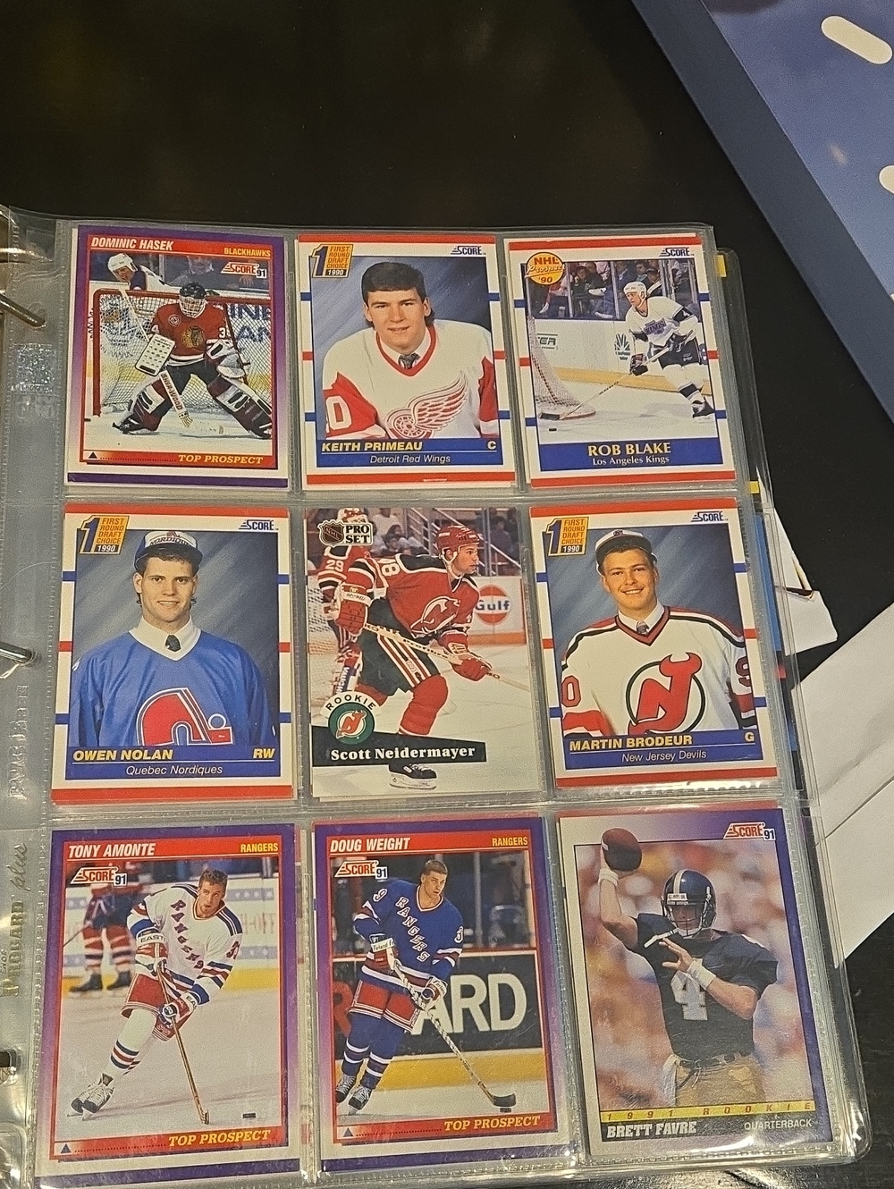 1990-1991 Hockey & Football Rookie Card Lot - 5 Binder Pages - Brodeur, Favre,
